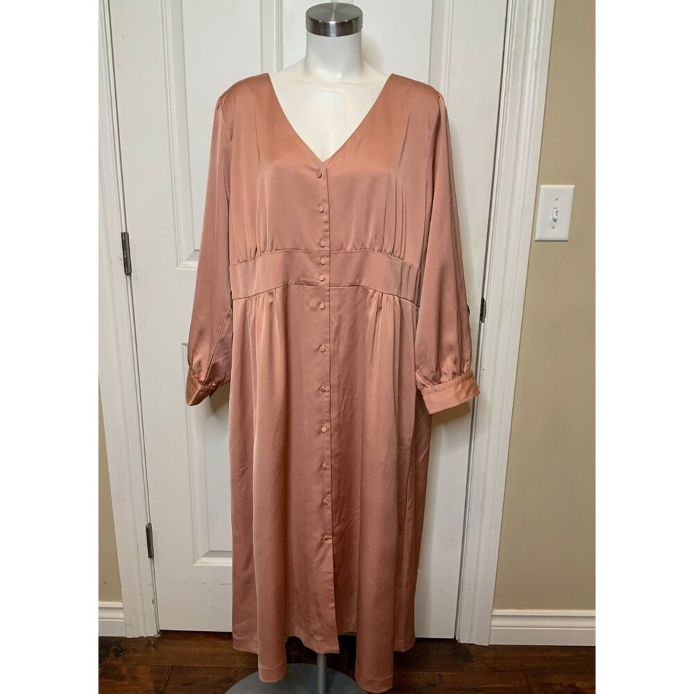 J. Crew Peach Satin Button Front Long Sleeve Midi Dress, Size 22